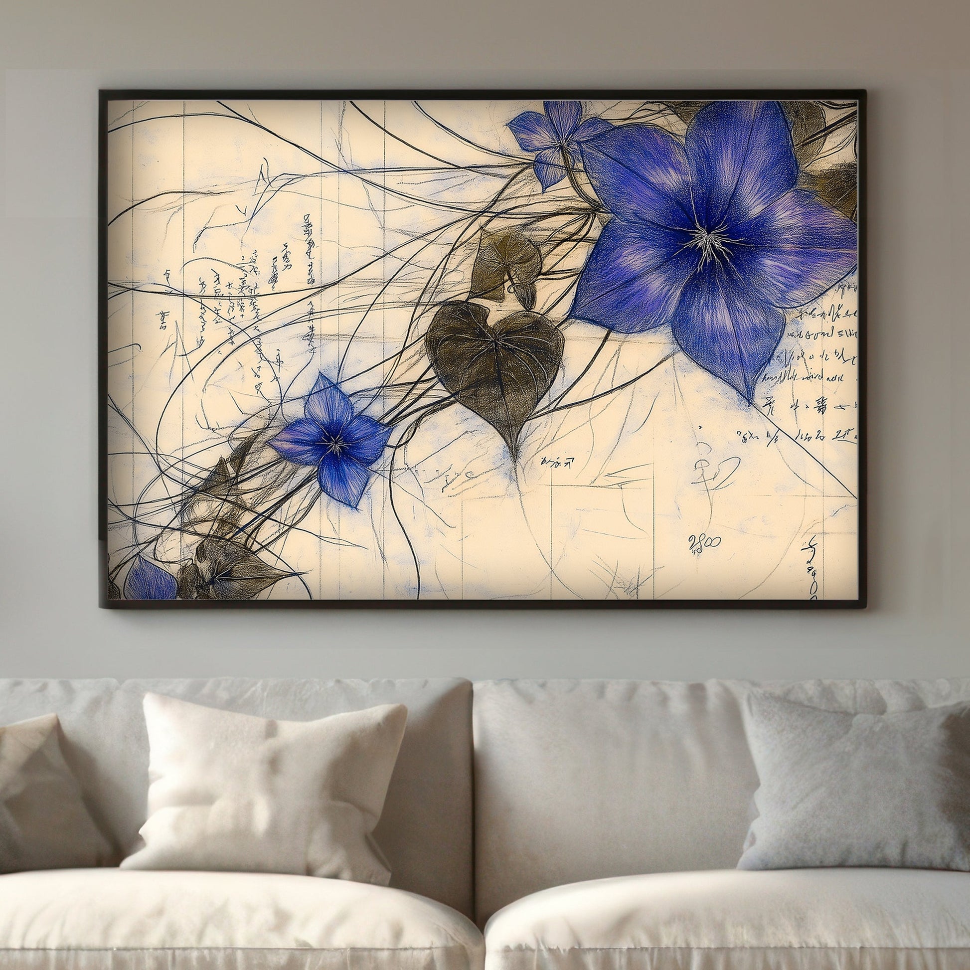 Delicate and intricate, this artwork presents a cluster of deep blue flowers entwined. Perfect for modern decor. canvas wall art abstract portrait landscape