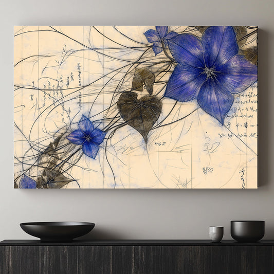 Delicate and intricate, this artwork presents a cluster of deep blue flowers entwined. Perfect for modern decor. canvas wall art abstract portrait landscape