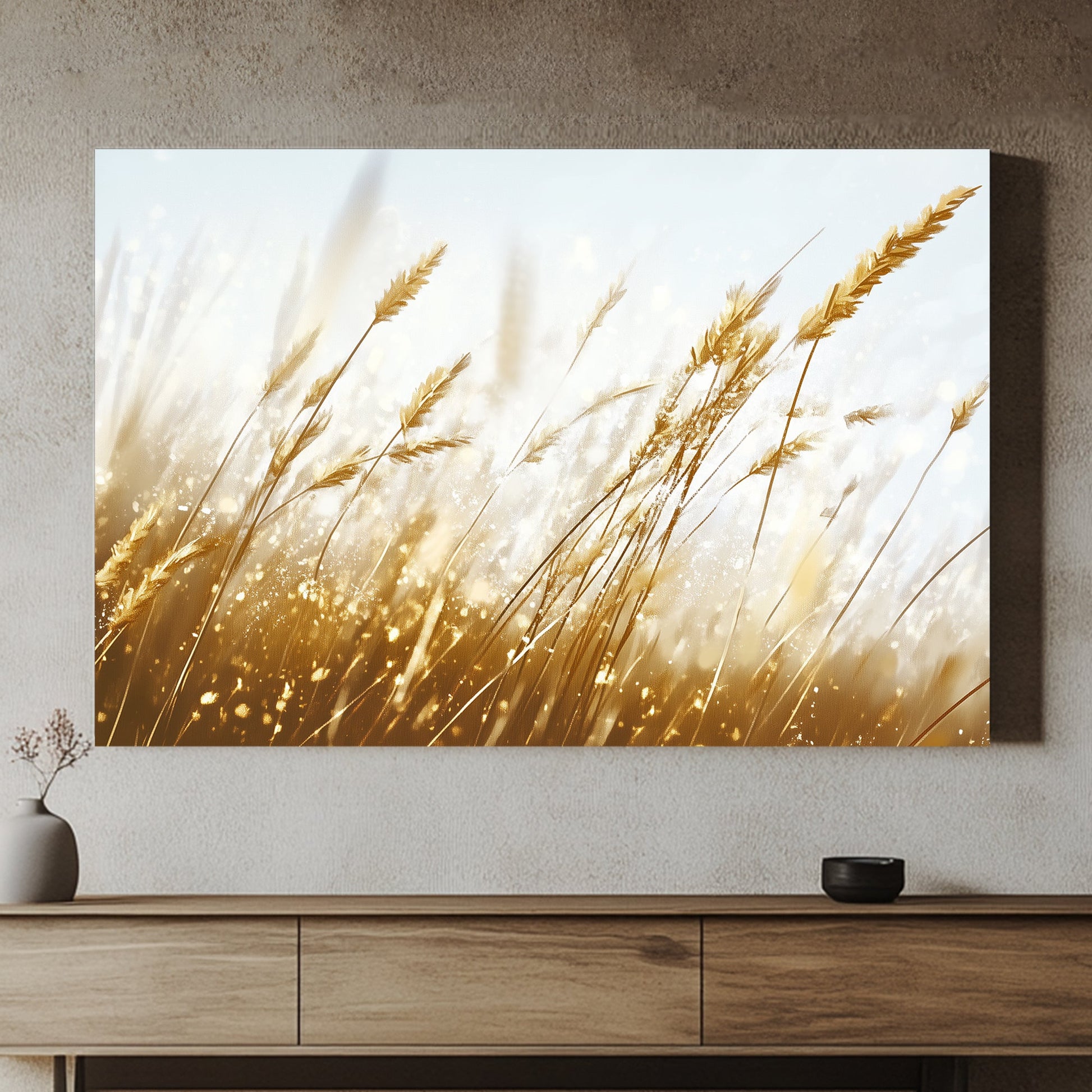 This piece captures the lightness and elegance of golden wheat swaying under a soft sky. Perfect for modern decor. canvas wall art abstract portrait landscape