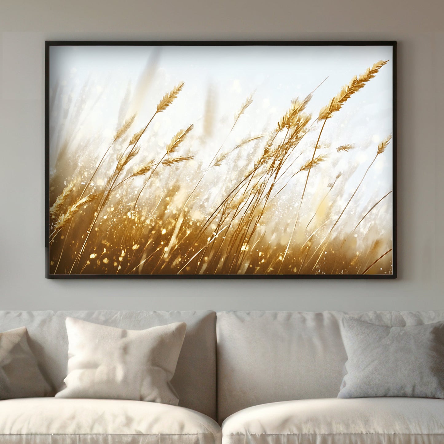 This piece captures the lightness and elegance of golden wheat swaying under a soft sky. Perfect for modern decor. canvas wall art abstract portrait landscape