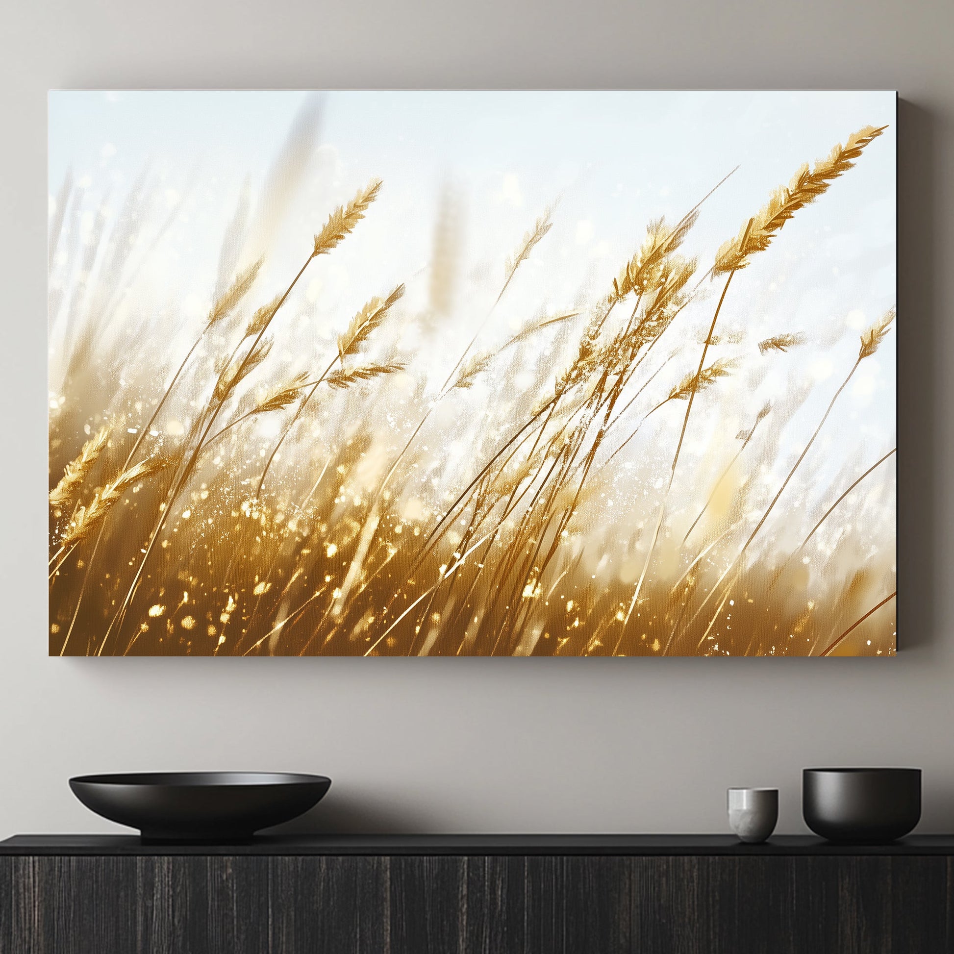 This piece captures the lightness and elegance of golden wheat swaying under a soft sky. Perfect for modern decor. canvas wall art abstract portrait landscape