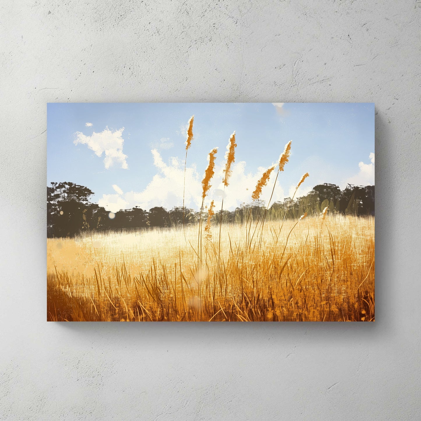 Bask in the warmth of a sunlit field where tall grasses sway gently under a clear blue sky. Perfect for modern decor. canvas wall art abstract portrait landscape