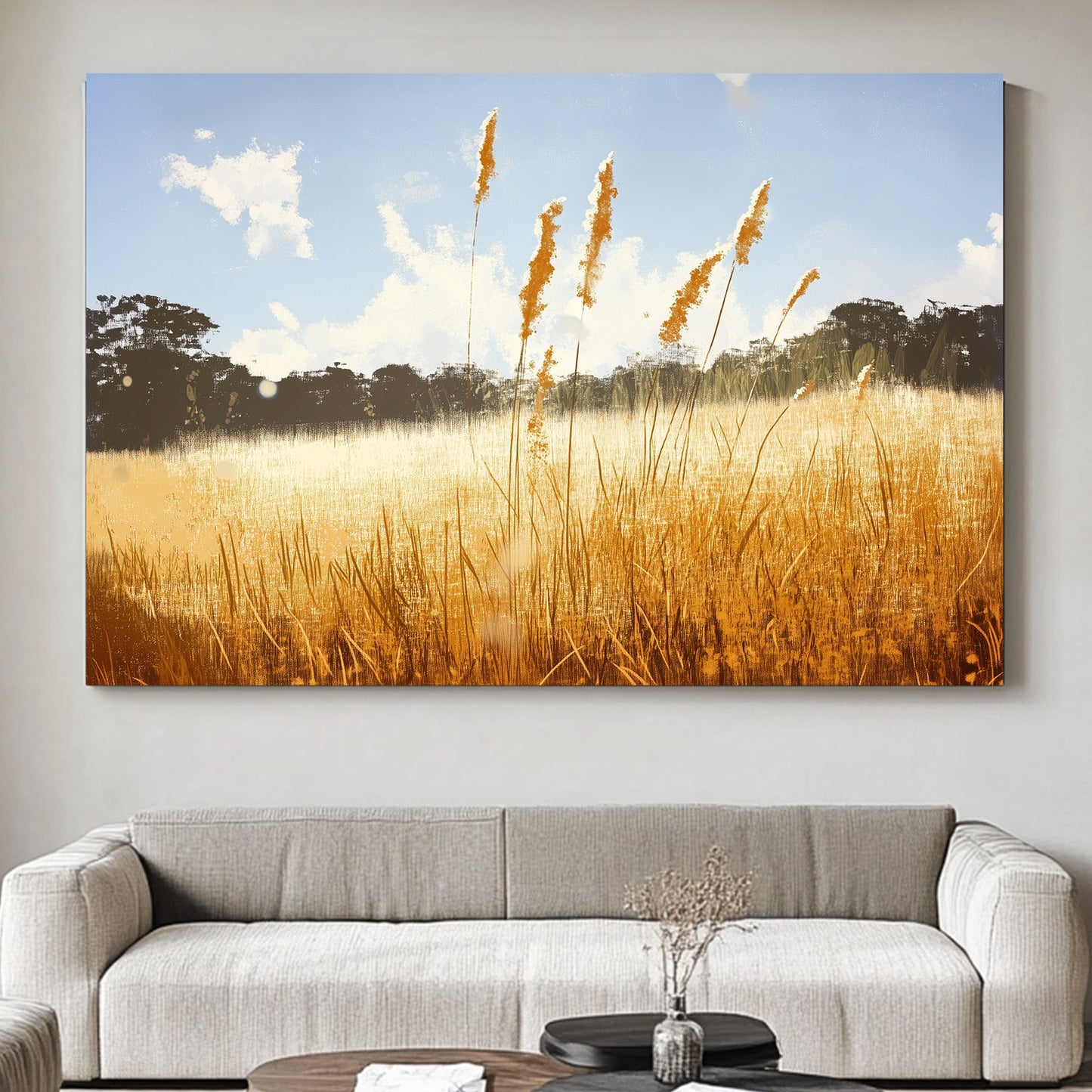 Bask in the warmth of a sunlit field where tall grasses sway gently under a clear blue sky. Perfect for modern decor. canvas wall art abstract portrait landscape