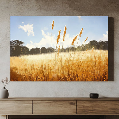 Bask in the warmth of a sunlit field where tall grasses sway gently under a clear blue sky. Perfect for modern decor. canvas wall art abstract portrait landscape