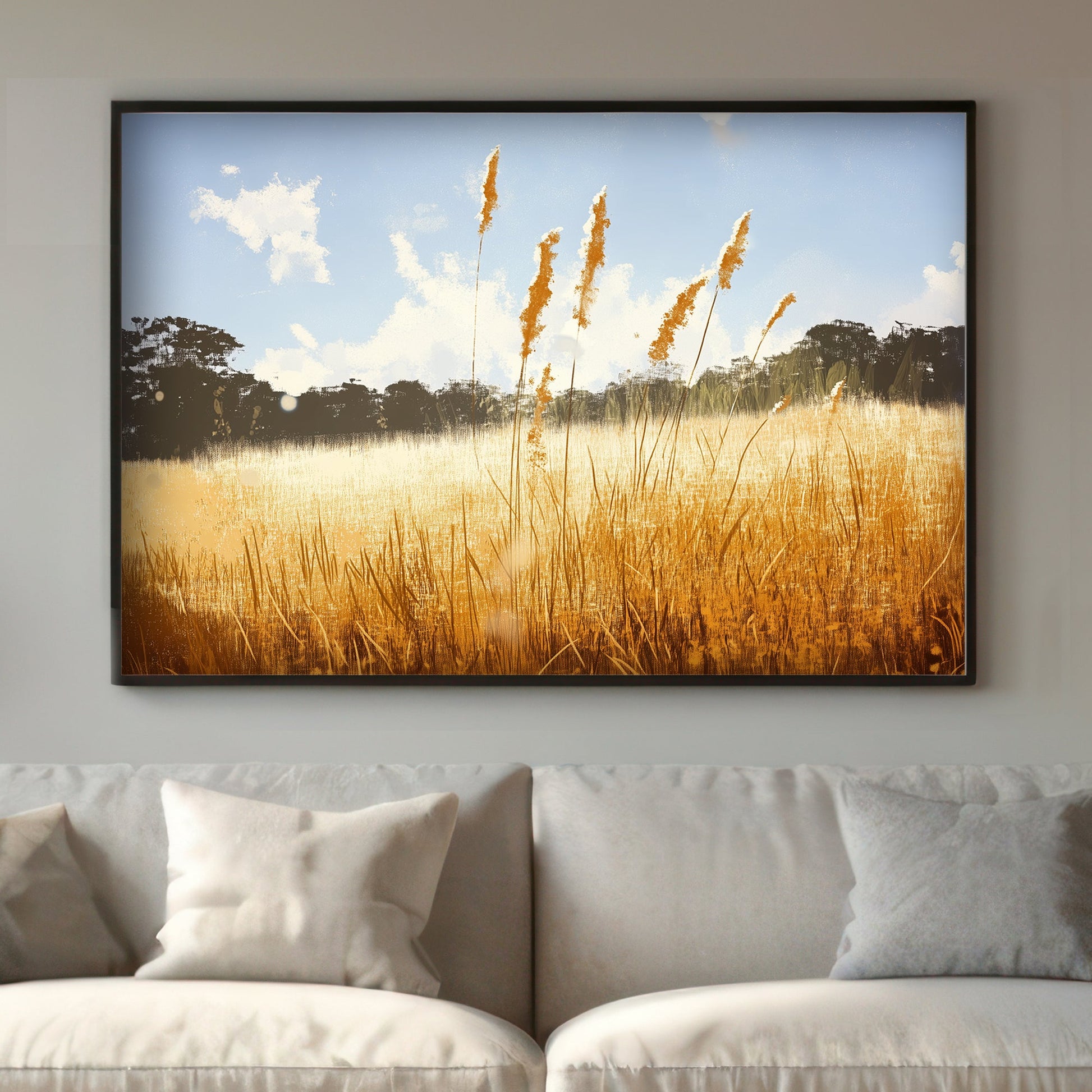 Bask in the warmth of a sunlit field where tall grasses sway gently under a clear blue sky. Perfect for modern decor. canvas wall art abstract portrait landscape