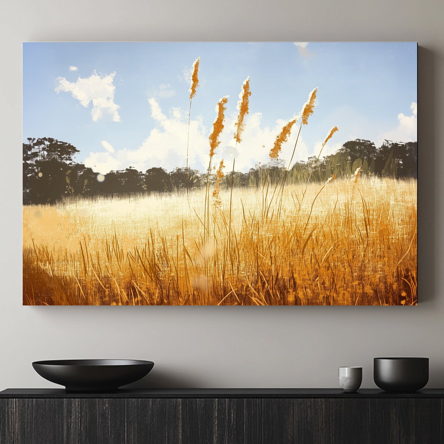 Bask in the warmth of a sunlit field where tall grasses sway gently under a clear blue sky. Perfect for modern decor. canvas wall art abstract portrait landscape