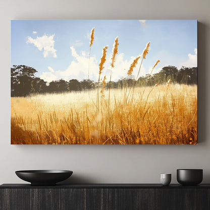 Bask in the warmth of a sunlit field where tall grasses sway gently under a clear blue sky. Perfect for modern decor. canvas wall art abstract portrait landscape