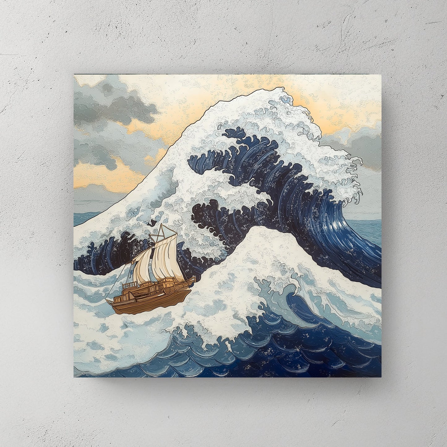 A majestic wave towers over a lone sailing ship, frozen at the peak of its powerful surge. Perfect for modern decor. canvas wall art abstract portrait landscape