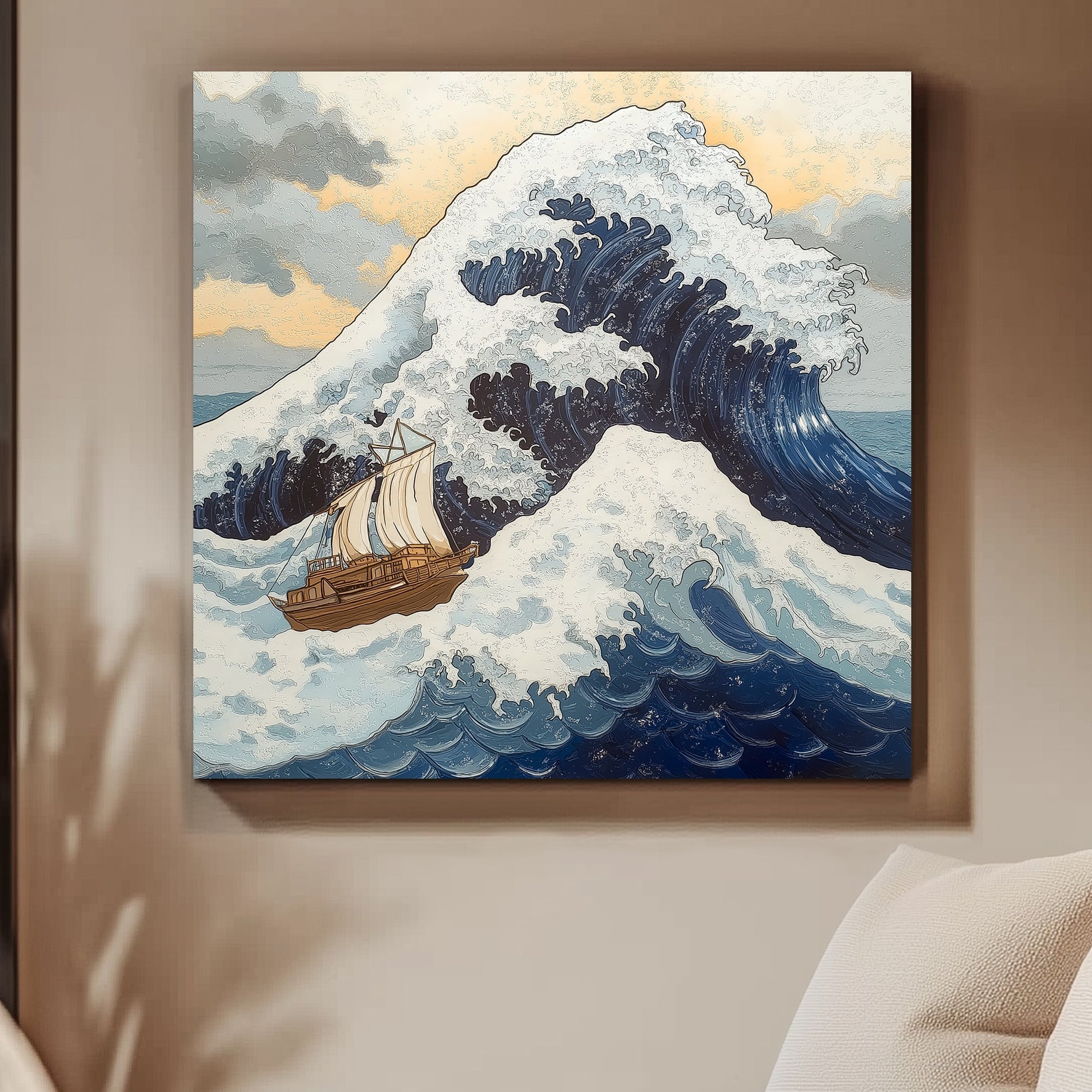 A majestic wave towers over a lone sailing ship, frozen at the peak of its powerful surge. Perfect for modern decor. canvas wall art abstract portrait landscape