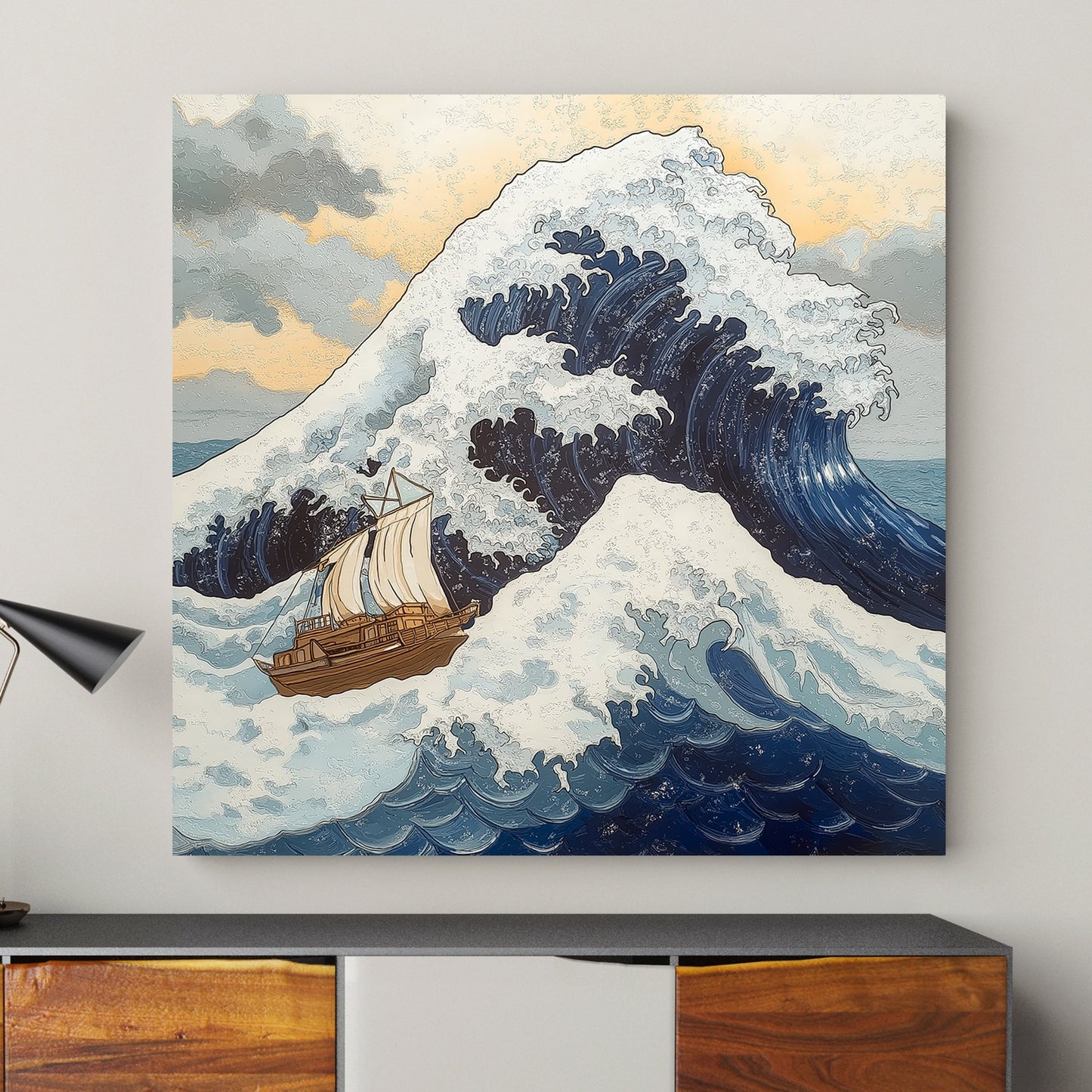 A majestic wave towers over a lone sailing ship, frozen at the peak of its powerful surge. Perfect for modern decor. canvas wall art abstract portrait landscape