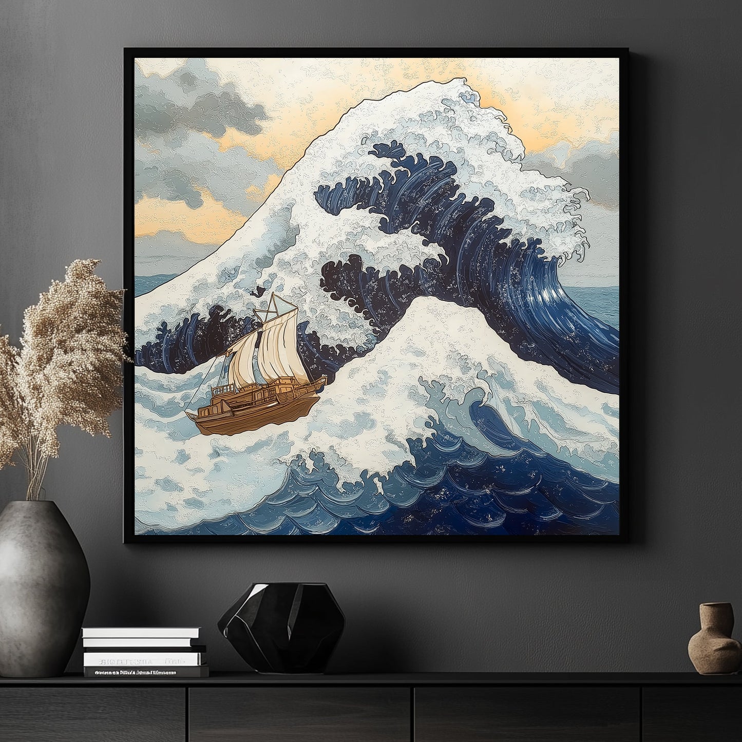 A majestic wave towers over a lone sailing ship, frozen at the peak of its powerful surge. Perfect for modern decor. canvas wall art abstract portrait landscape