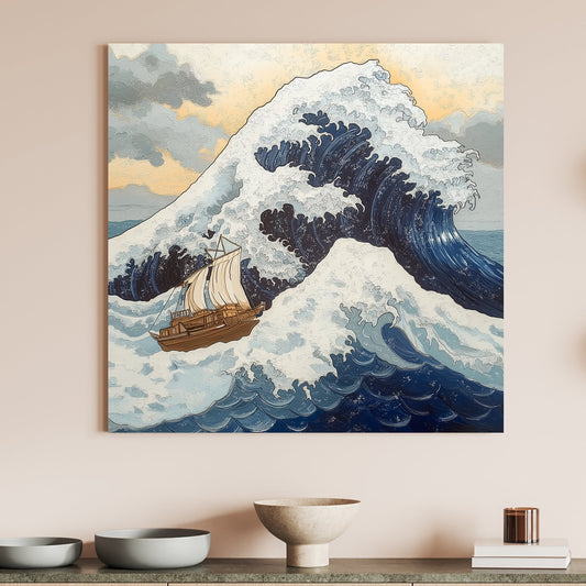 A majestic wave towers over a lone sailing ship, frozen at the peak of its powerful surge. Perfect for modern decor. canvas wall art abstract portrait landscape