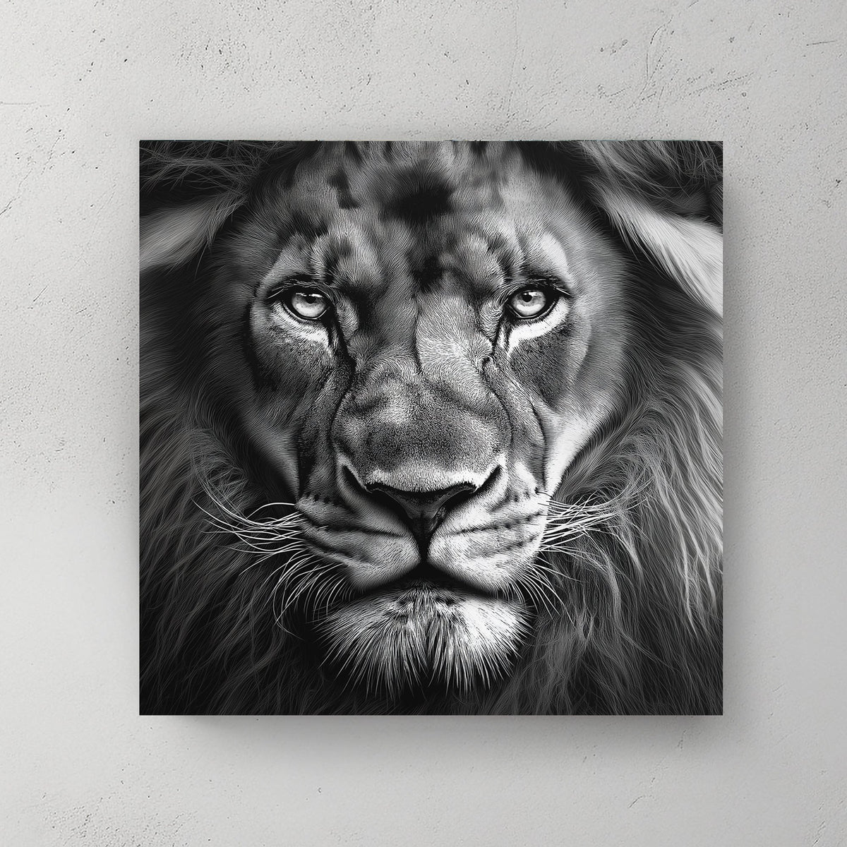 A lion’s intense gaze captures the viewer, framed in dramatic black and white. Perfect for modern decor. canvas wall art abstract portrait landscape