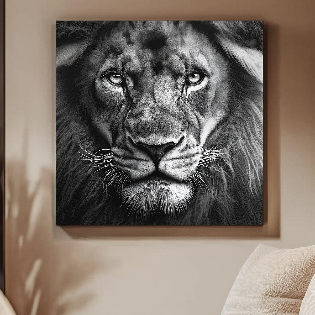 A lion’s intense gaze captures the viewer, framed in dramatic black and white. Perfect for modern decor. canvas wall art abstract portrait landscape