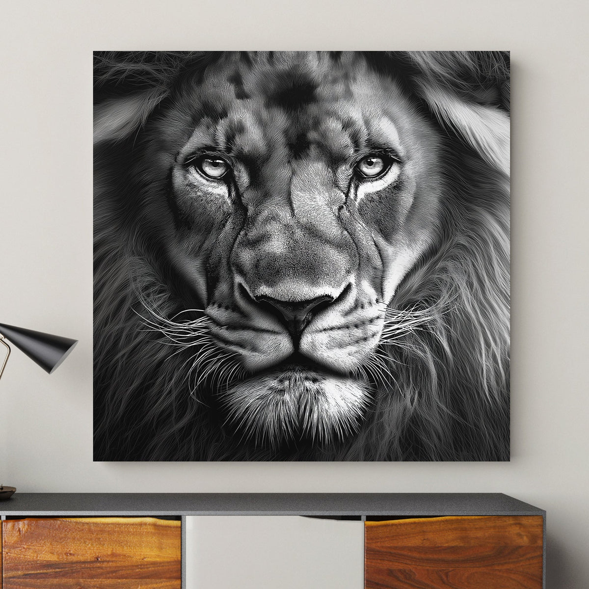 A lion’s intense gaze captures the viewer, framed in dramatic black and white. Perfect for modern decor. canvas wall art abstract portrait landscape
