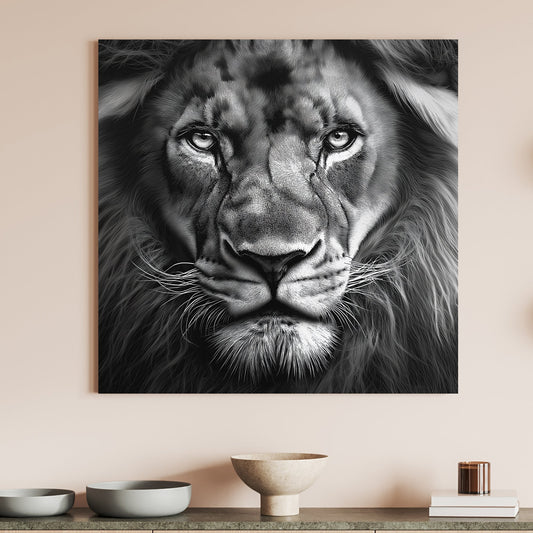 A lion’s intense gaze captures the viewer, framed in dramatic black and white. Perfect for modern decor. canvas wall art abstract portrait landscape