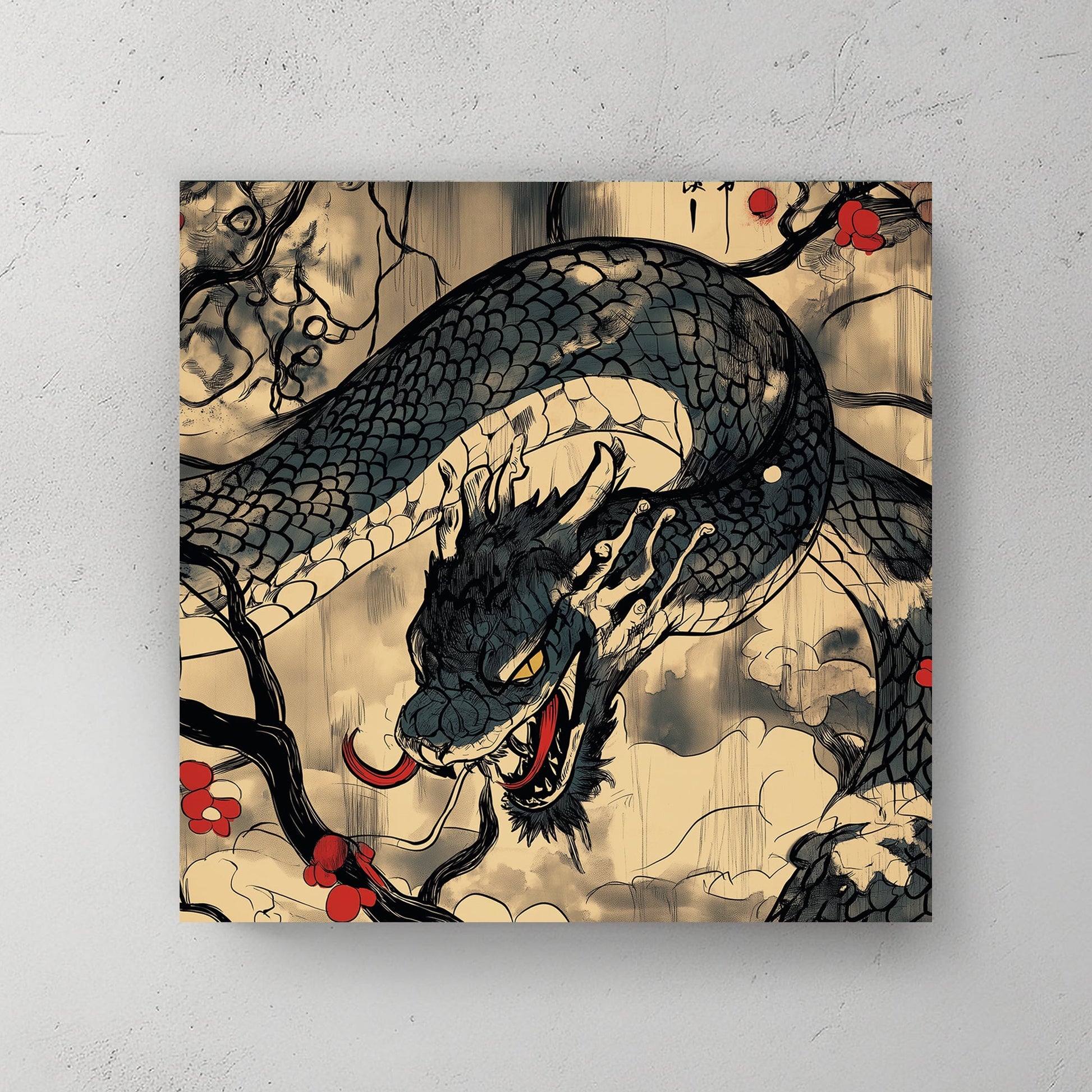 An intricate dragon coils through twisted branches adorned with red blossoms. Perfect for modern decor. canvas wall art abstract portrait landscape