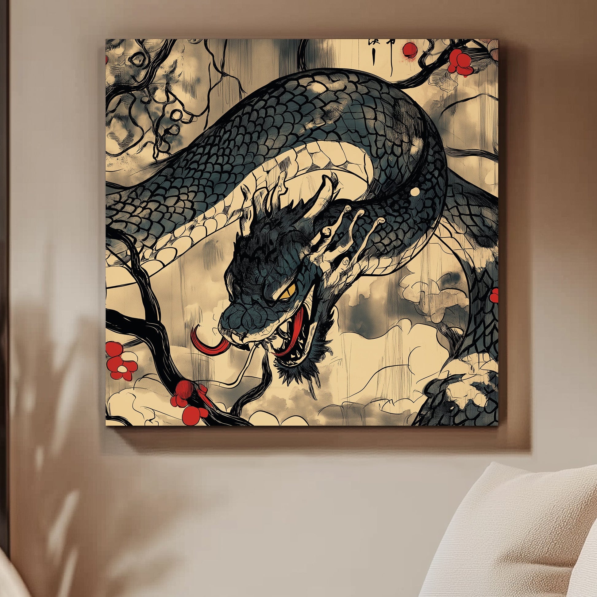 An intricate dragon coils through twisted branches adorned with red blossoms. Perfect for modern decor. canvas wall art abstract portrait landscape