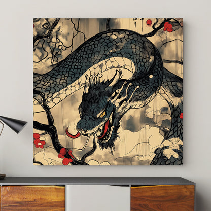 An intricate dragon coils through twisted branches adorned with red blossoms. Perfect for modern decor. canvas wall art abstract portrait landscape