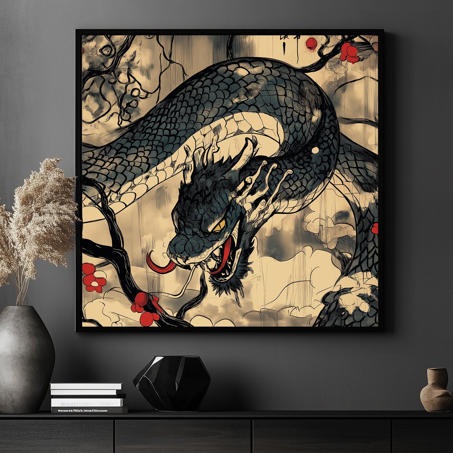 An intricate dragon coils through twisted branches adorned with red blossoms. Perfect for modern decor. canvas wall art abstract portrait landscape