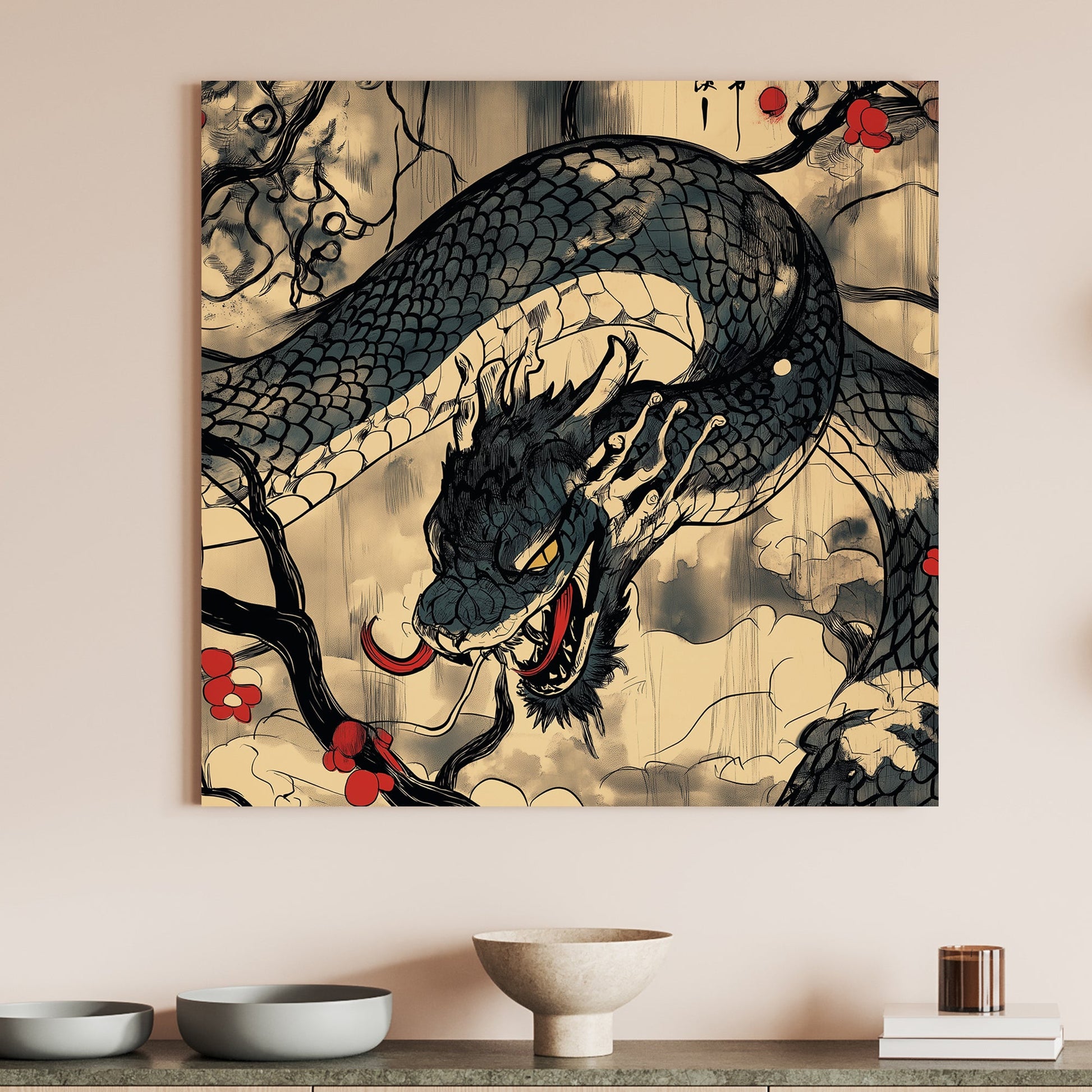 An intricate dragon coils through twisted branches adorned with red blossoms. Perfect for modern decor. canvas wall art abstract portrait landscape