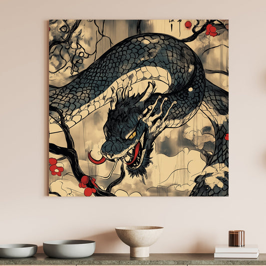 An intricate dragon coils through twisted branches adorned with red blossoms. Perfect for modern decor. canvas wall art abstract portrait landscape