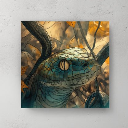 A serpent's golden eye gleams with ancient wisdom, set against a forest backdrop of vibrant autumn. Perfect for modern decor. canvas wall art abstract portrait landscape