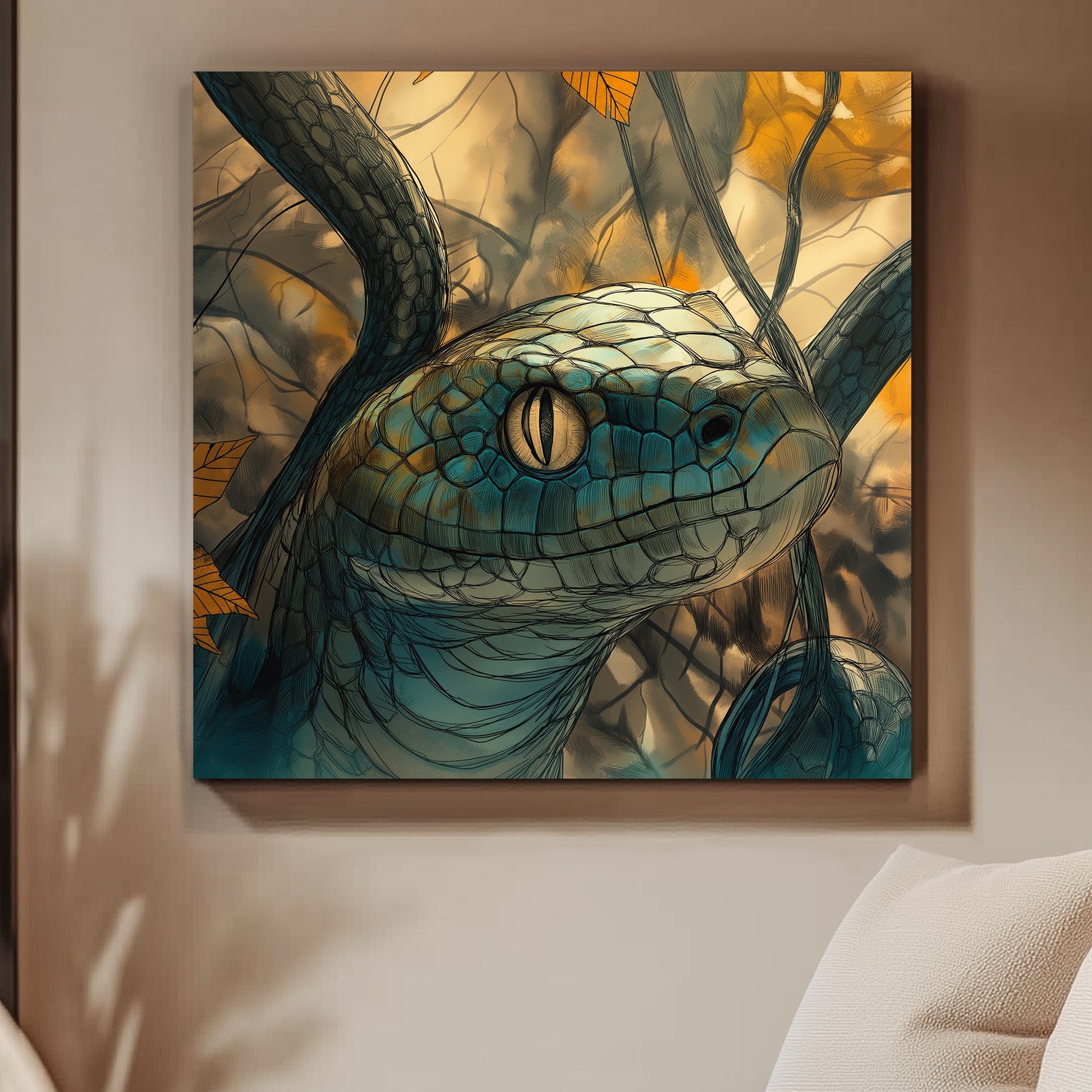 A serpent's golden eye gleams with ancient wisdom, set against a forest backdrop of vibrant autumn. Perfect for modern decor. canvas wall art abstract portrait landscape