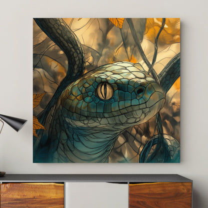 A serpent's golden eye gleams with ancient wisdom, set against a forest backdrop of vibrant autumn. Perfect for modern decor. canvas wall art abstract portrait landscape