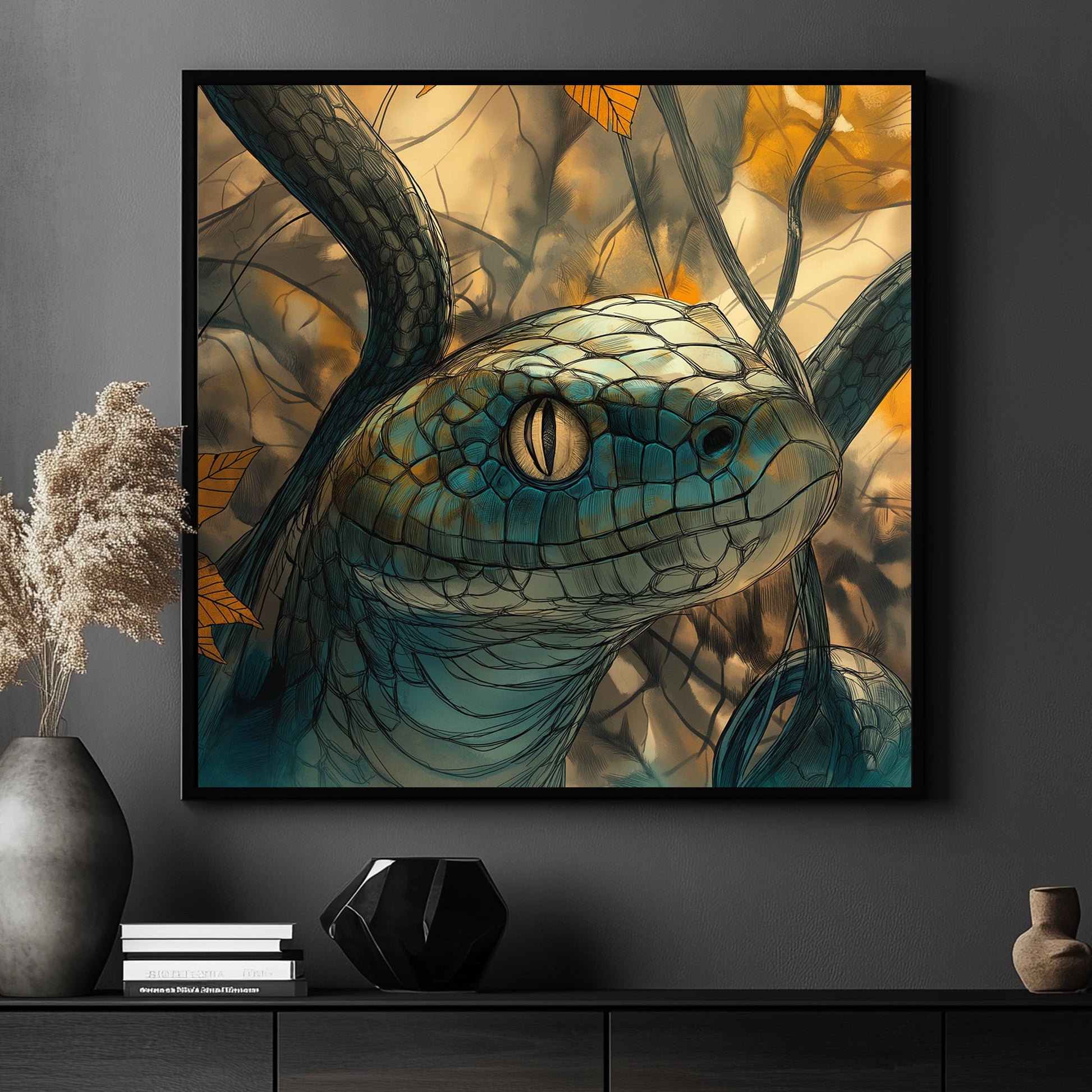 A serpent's golden eye gleams with ancient wisdom, set against a forest backdrop of vibrant autumn. Perfect for modern decor. canvas wall art abstract portrait landscape