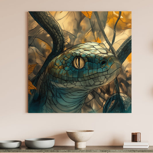 A serpent's golden eye gleams with ancient wisdom, set against a forest backdrop of vibrant autumn. Perfect for modern decor. canvas wall art abstract portrait landscape