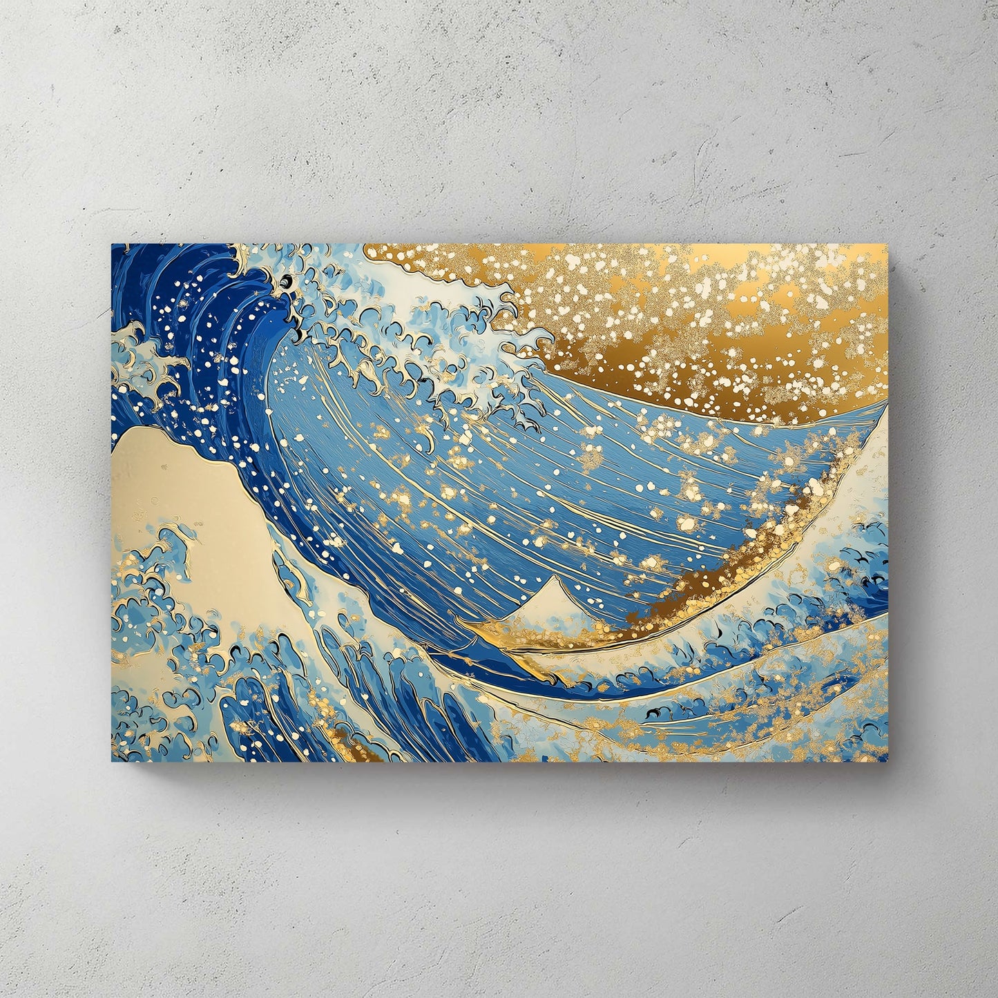 An exquisite depiction of ocean waves adorned with shimmering golden accents. Perfect for modern decor. canvas wall art abstract portrait landscape