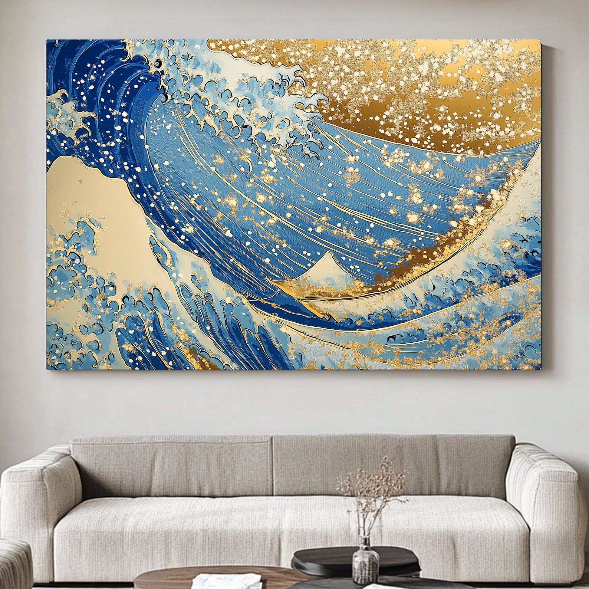 An exquisite depiction of ocean waves adorned with shimmering golden accents. Perfect for modern decor. canvas wall art abstract portrait landscape