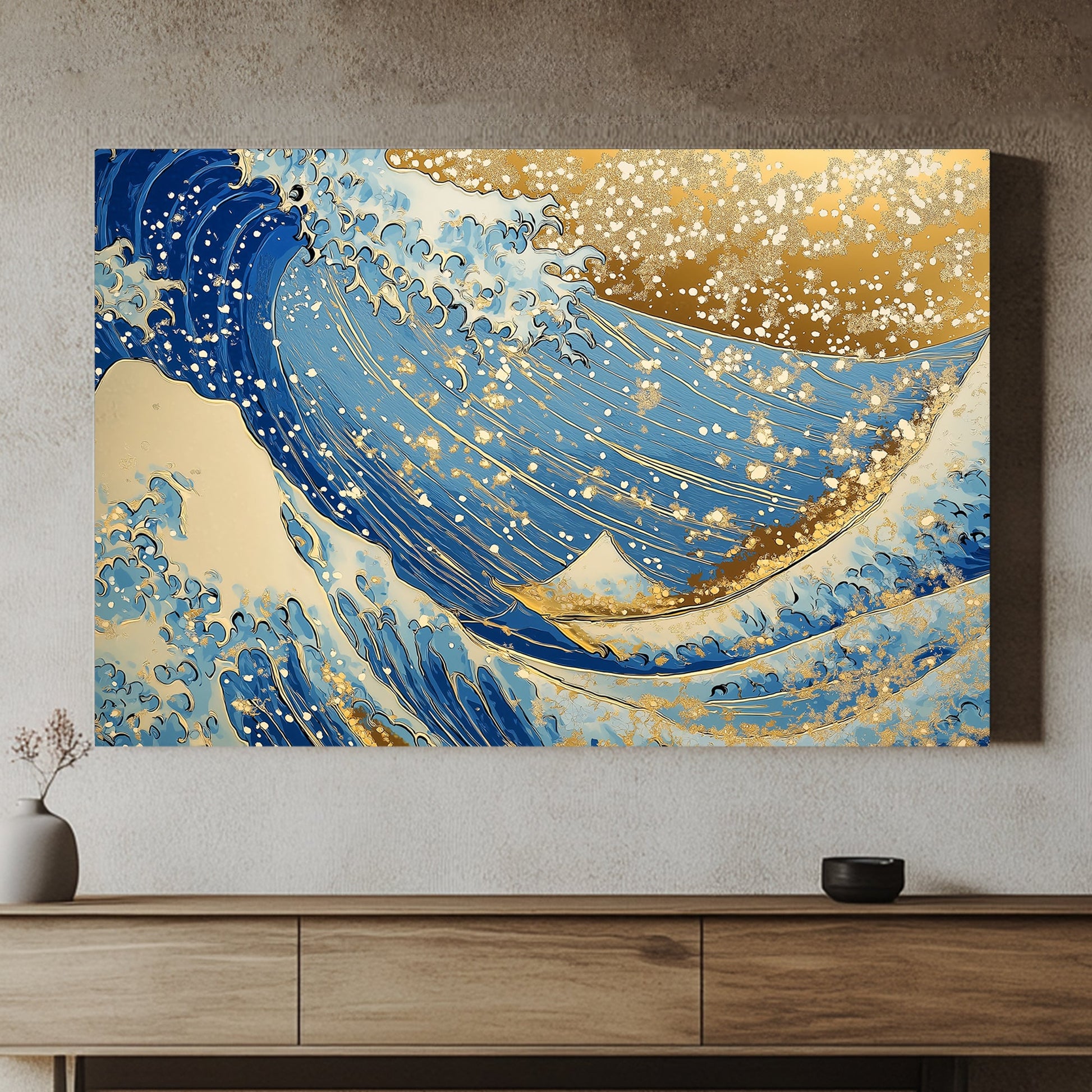 An exquisite depiction of ocean waves adorned with shimmering golden accents. Perfect for modern decor. canvas wall art abstract portrait landscape