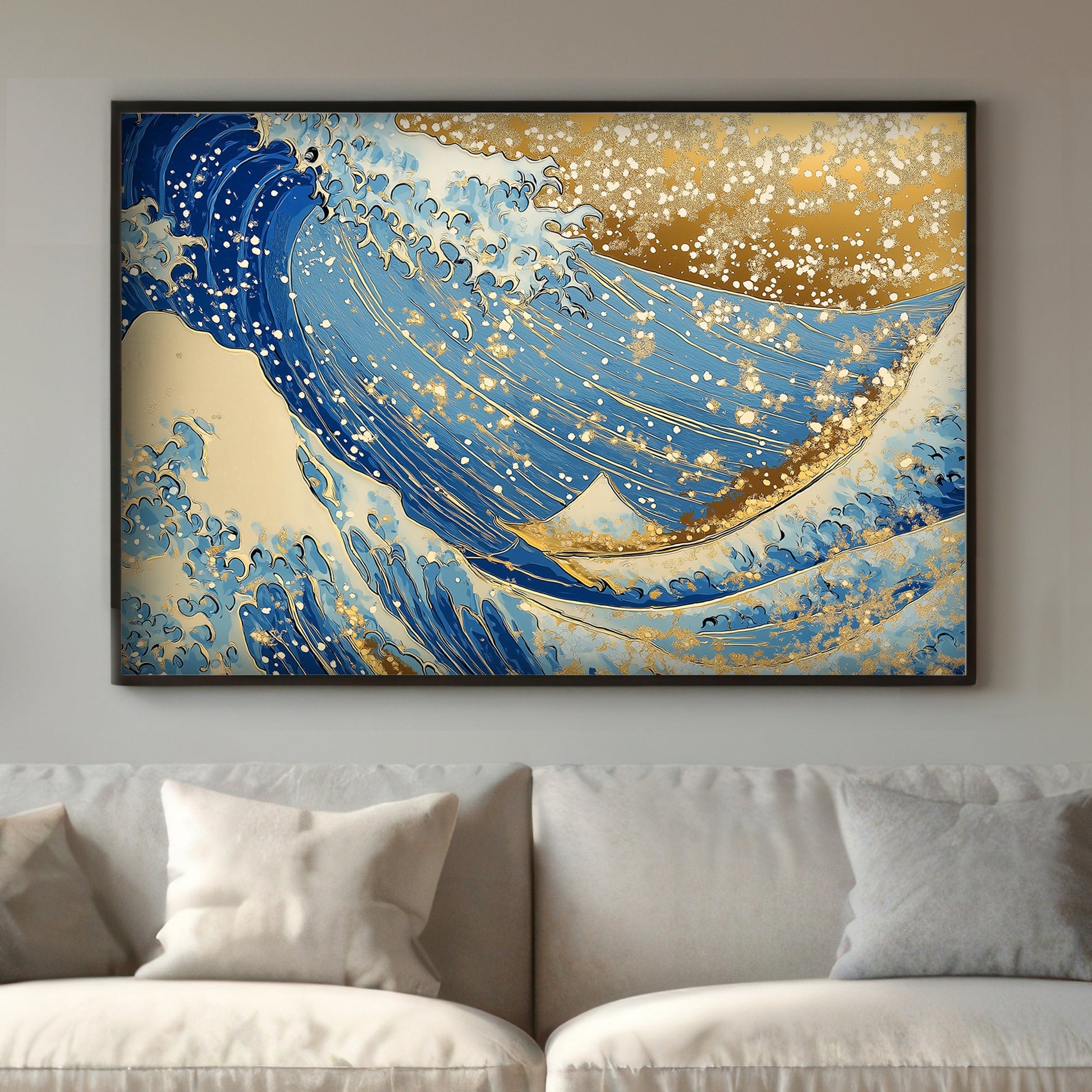 An exquisite depiction of ocean waves adorned with shimmering golden accents. Perfect for modern decor. canvas wall art abstract portrait landscape