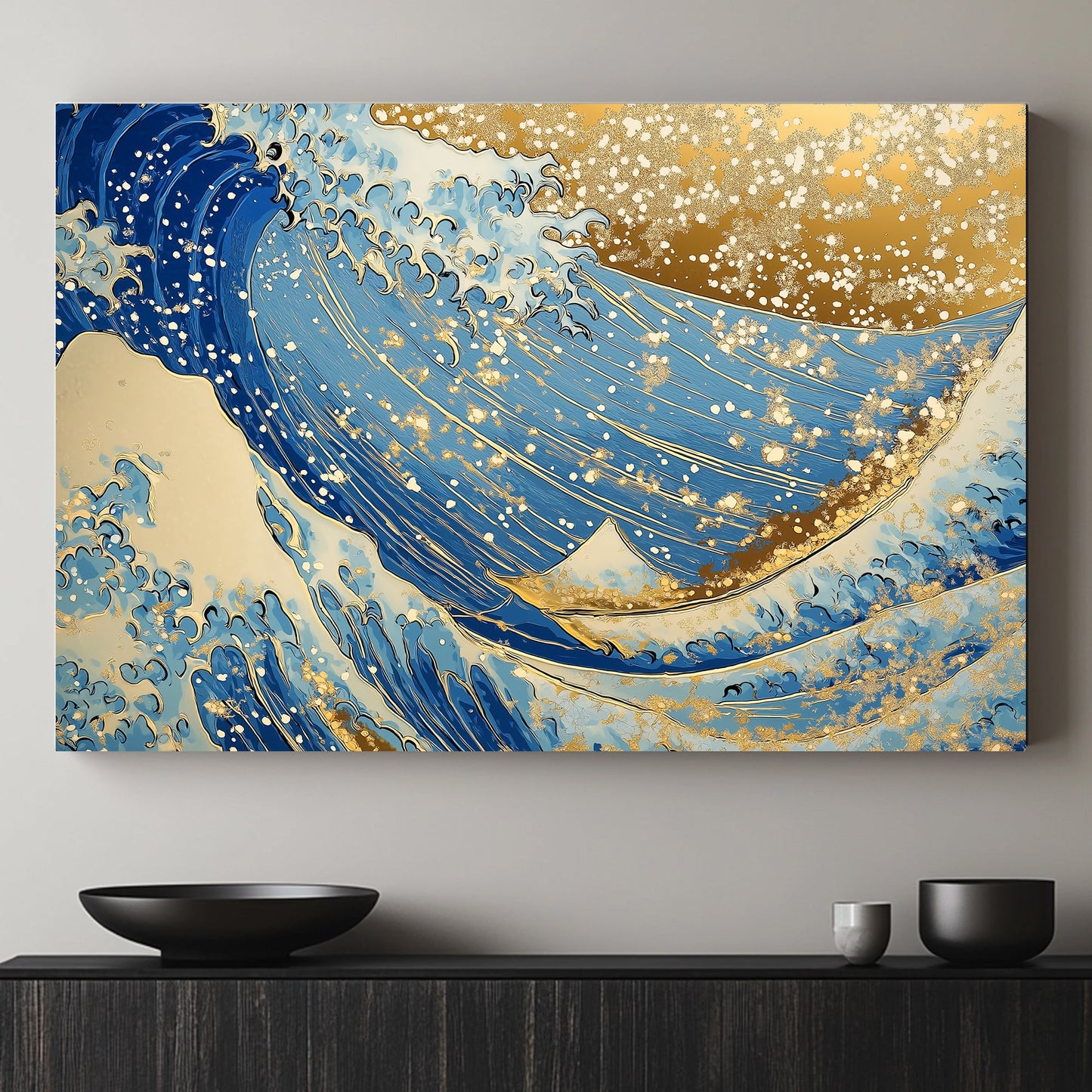 An exquisite depiction of ocean waves adorned with shimmering golden accents. Perfect for modern decor. canvas wall art abstract portrait landscape