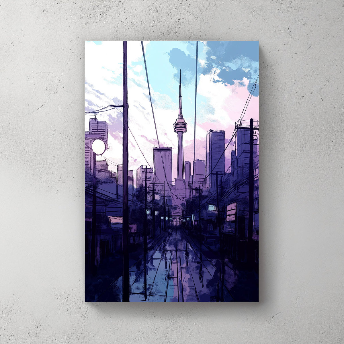 The CN Tower stands tall against a pastel sky, framed by city streets glistening with recent rain. Perfect for modern decor. canvas wall art abstract portrait landscape