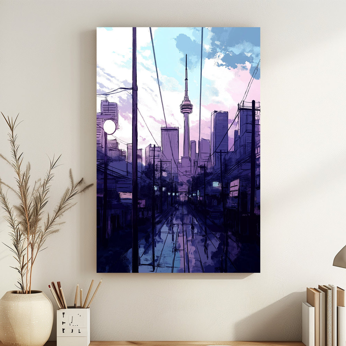 The CN Tower stands tall against a pastel sky, framed by city streets glistening with recent rain. Perfect for modern decor. canvas wall art abstract portrait landscape