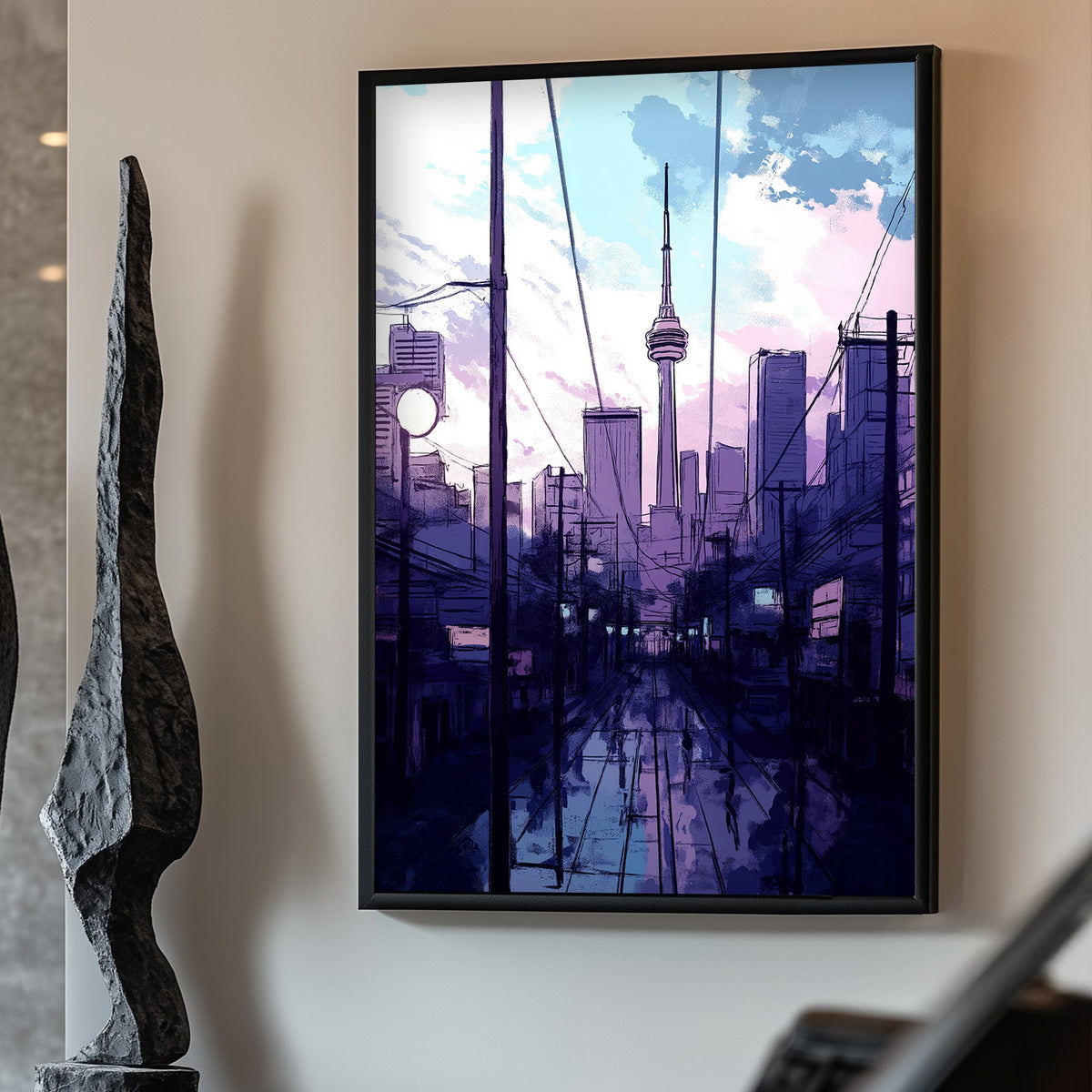 The CN Tower stands tall against a pastel sky, framed by city streets glistening with recent rain. Perfect for modern decor. canvas wall art abstract portrait landscape