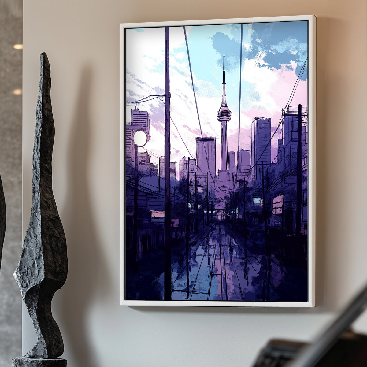 The CN Tower stands tall against a pastel sky, framed by city streets glistening with recent rain. Perfect for modern decor. canvas wall art abstract portrait landscape