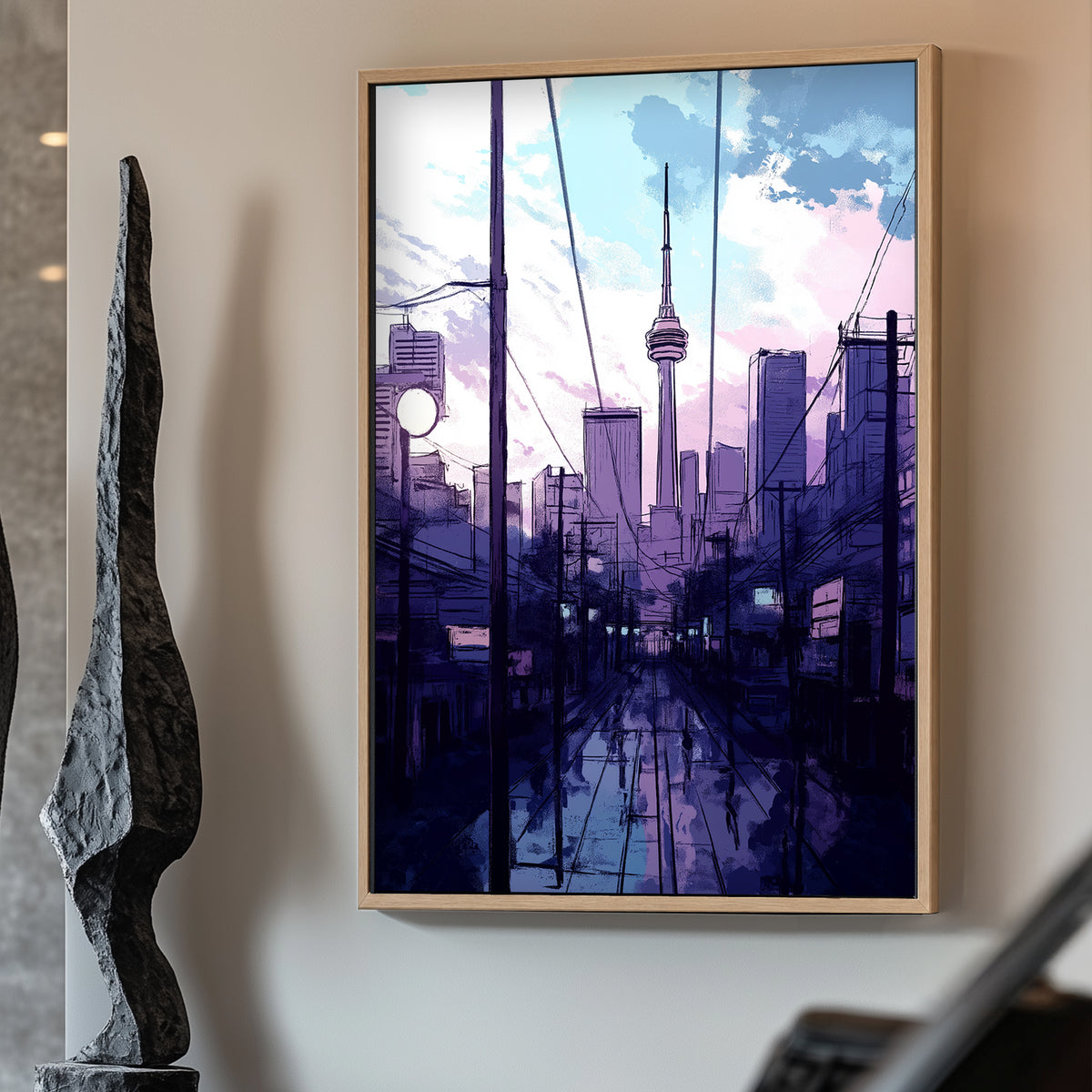 The CN Tower stands tall against a pastel sky, framed by city streets glistening with recent rain. Perfect for modern decor. canvas wall art abstract portrait landscape