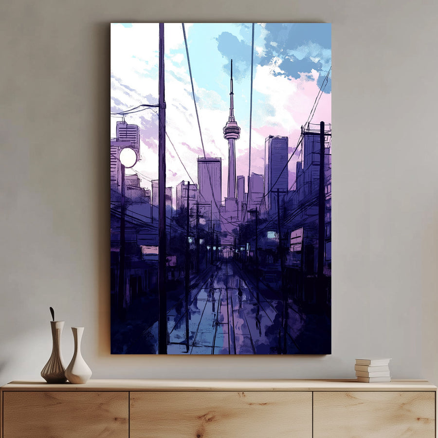 The CN Tower stands tall against a pastel sky, framed by city streets glistening with recent rain. Perfect for modern decor. canvas wall art abstract portrait landscape