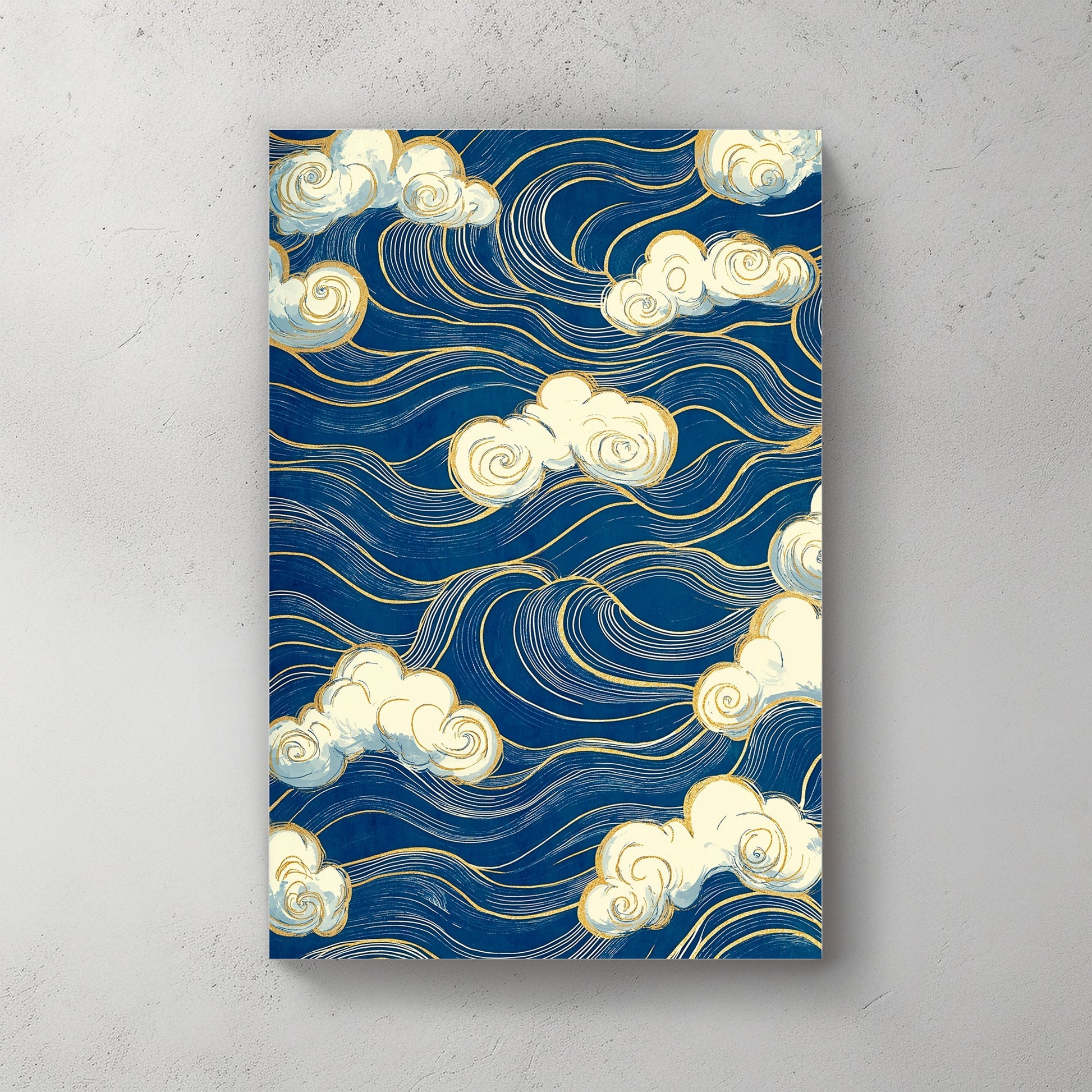 Swirling clouds float atop an ocean of deep blue waves lined with golden accents. Perfect for modern decor. canvas wall art abstract portrait landscape