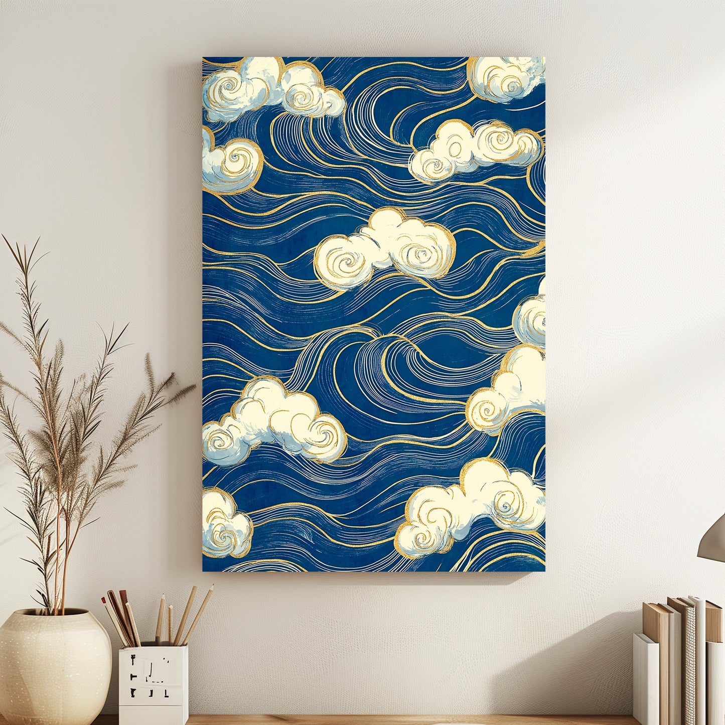 Swirling clouds float atop an ocean of deep blue waves lined with golden accents. Perfect for modern decor. canvas wall art abstract portrait landscape