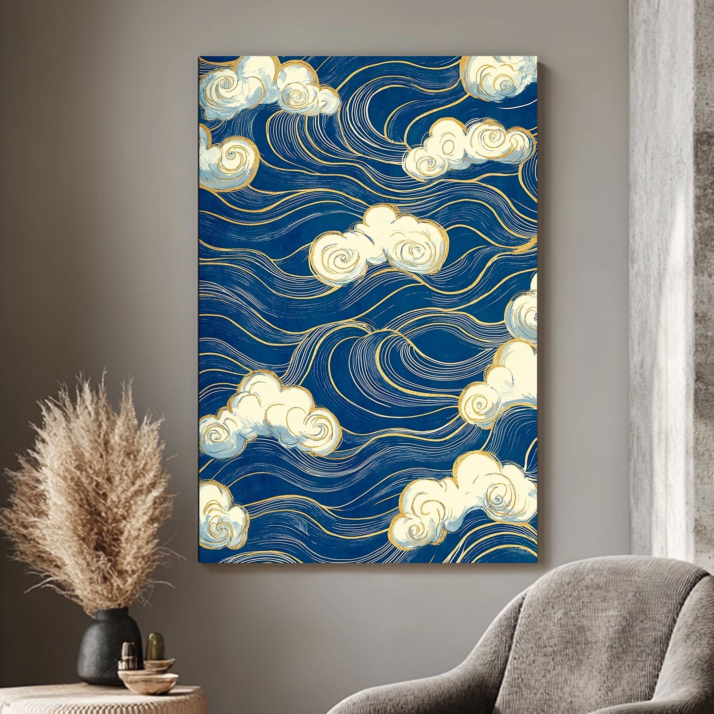 Swirling clouds float atop an ocean of deep blue waves lined with golden accents. Perfect for modern decor. canvas wall art abstract portrait landscape