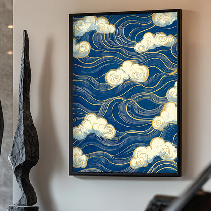 Swirling clouds float atop an ocean of deep blue waves lined with golden accents. Perfect for modern decor. canvas wall art abstract portrait landscape