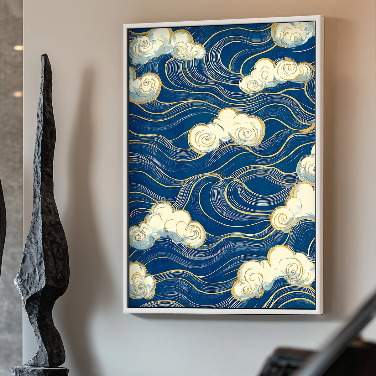 Swirling clouds float atop an ocean of deep blue waves lined with golden accents. Perfect for modern decor. canvas wall art abstract portrait landscape
