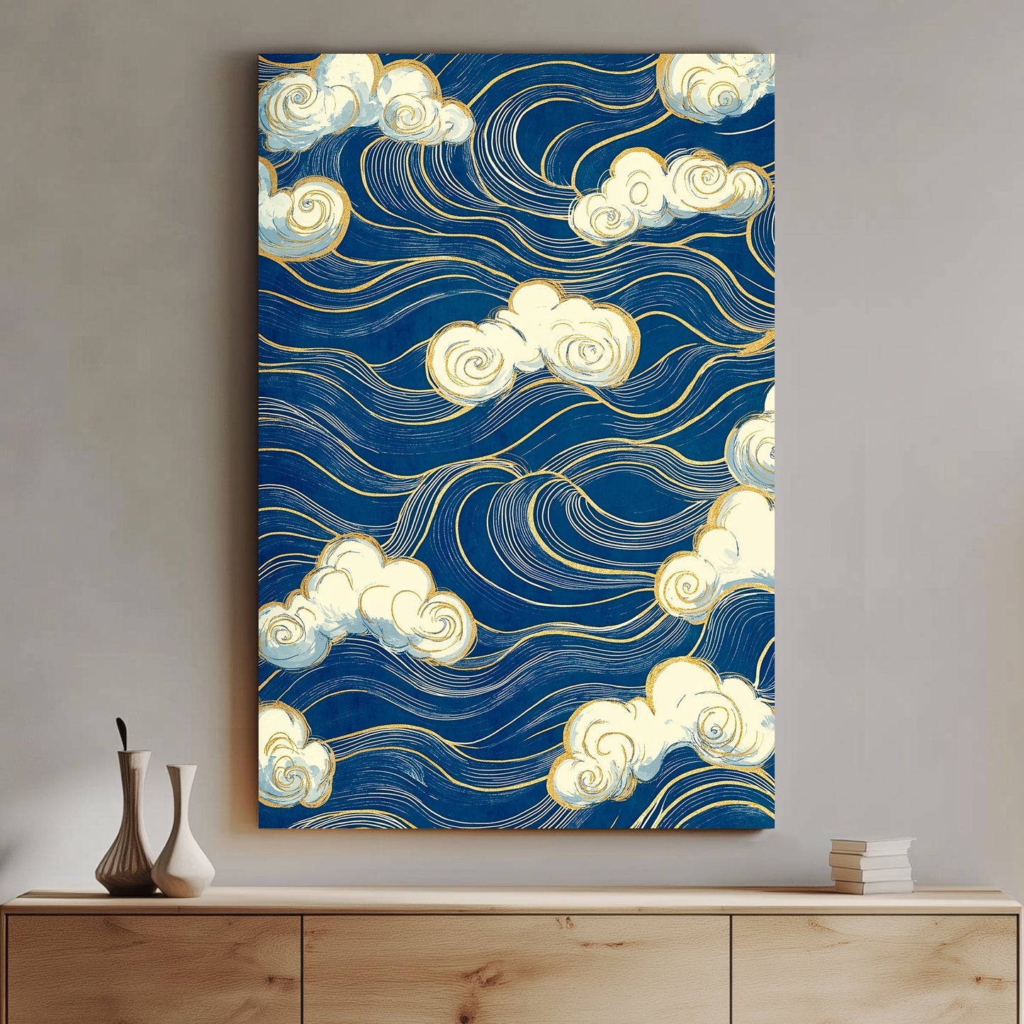 Swirling clouds float atop an ocean of deep blue waves lined with golden accents. Perfect for modern decor. canvas wall art abstract portrait landscape