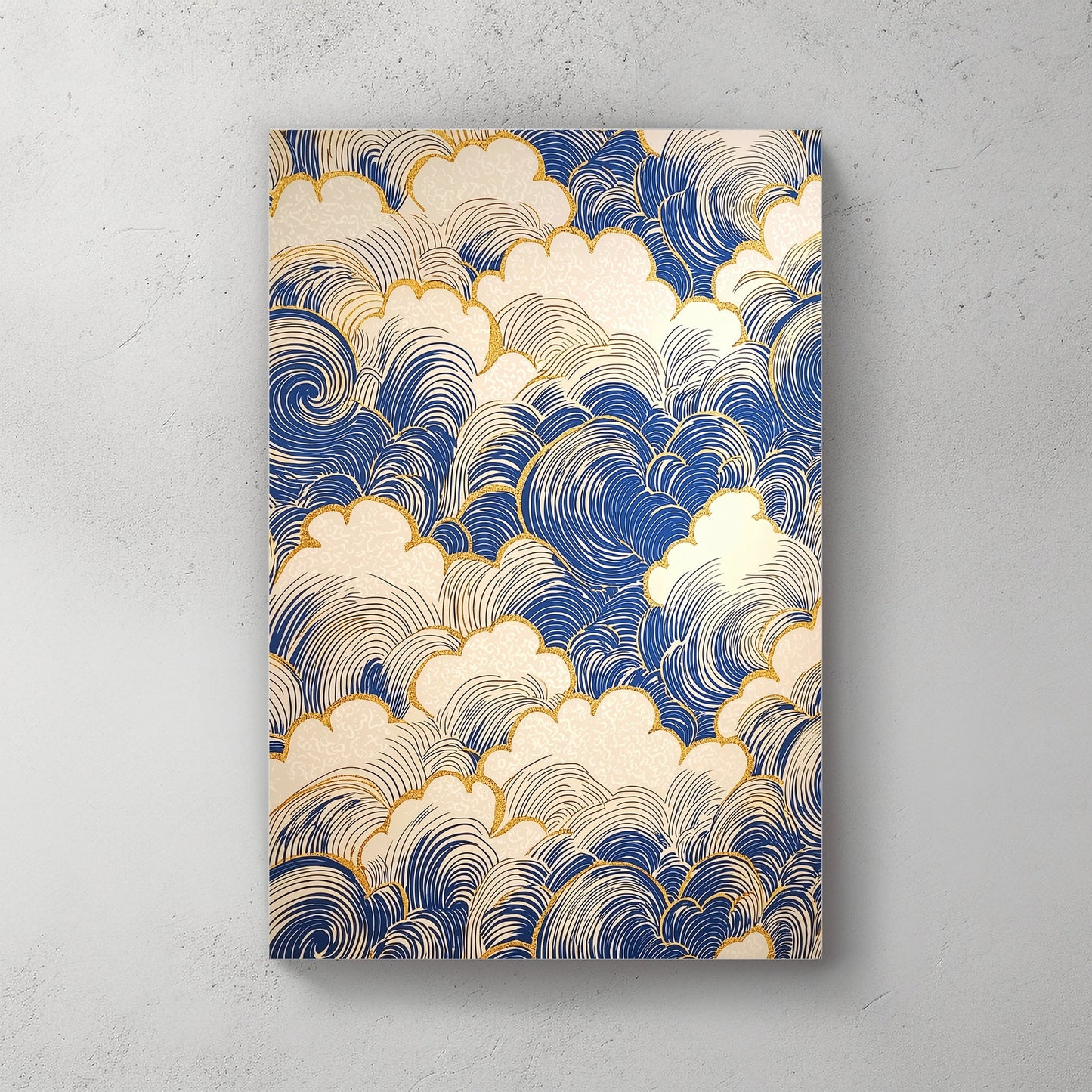 Elegant blue waves outlined with shimmering golden accents create a mesmerizing pattern. Perfect for modern decor. canvas wall art abstract portrait landscape