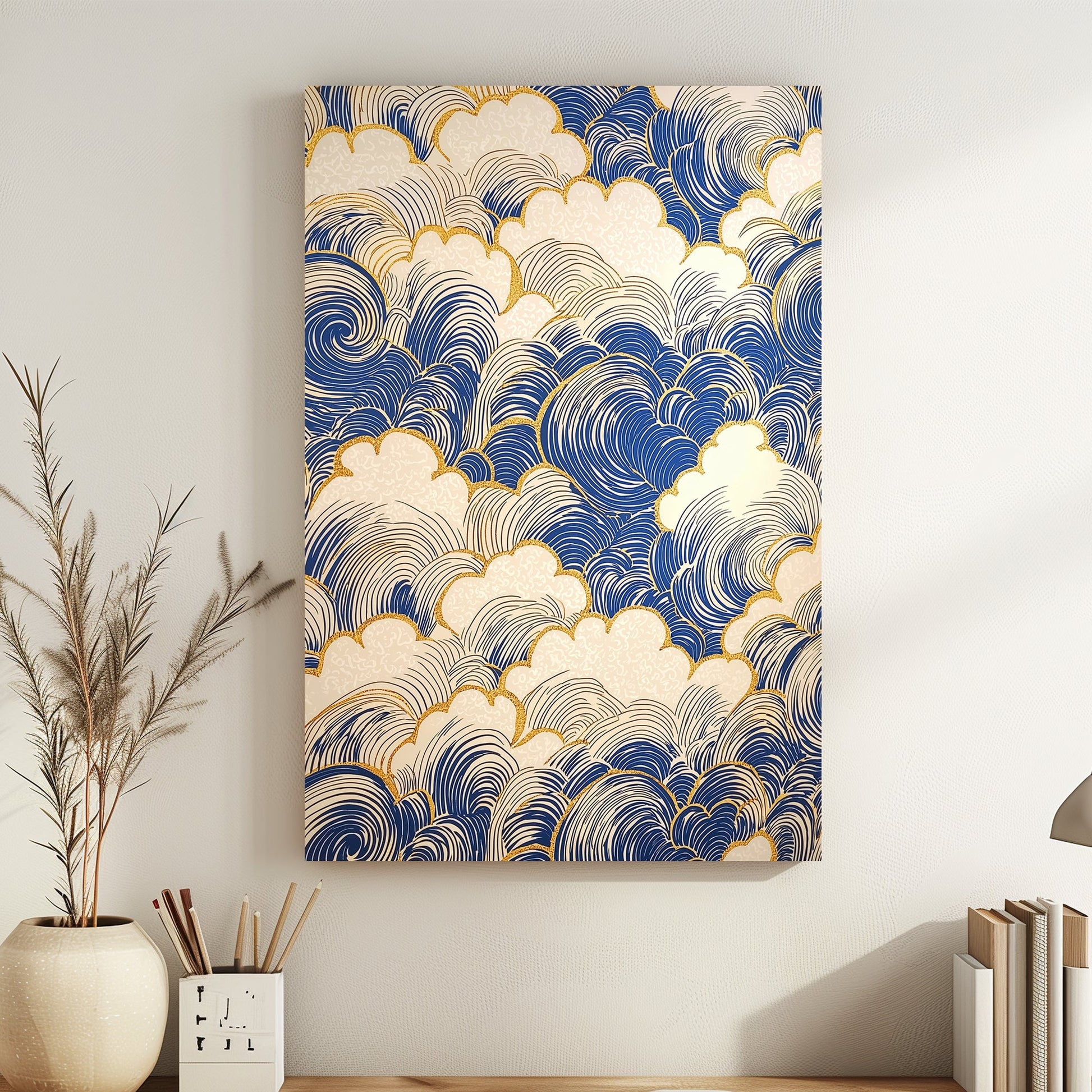 Elegant blue waves outlined with shimmering golden accents create a mesmerizing pattern. Perfect for modern decor. canvas wall art abstract portrait landscape